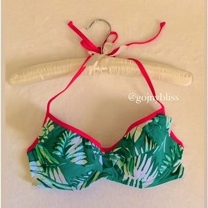 Hollister • Teal Green Hot Pink Tie Underwire Plunge Bikini Top Jr Size L (NWOT)